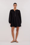 LARS BLACK BUTTON SLEEEVED LINEN MINI DRESS